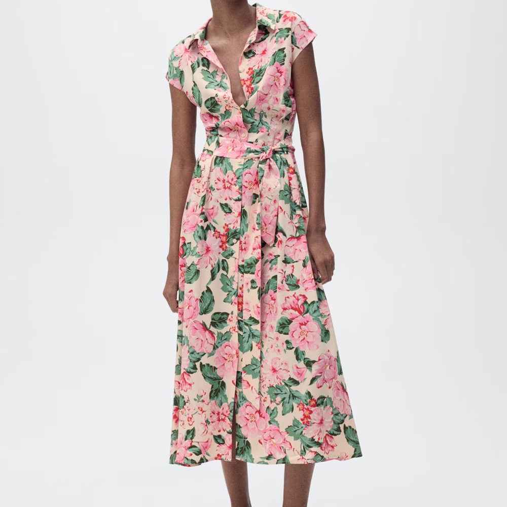 Mango- floral PRINTED SHIRT DRESS WITH BELT Dress Size 2